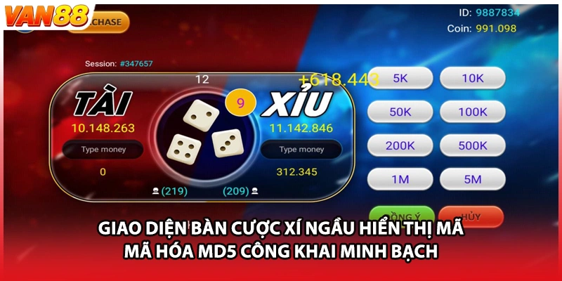 Giao diện bàn cược xí ngầu hiển thị mã mã hóa MD5 công khai minh bạch